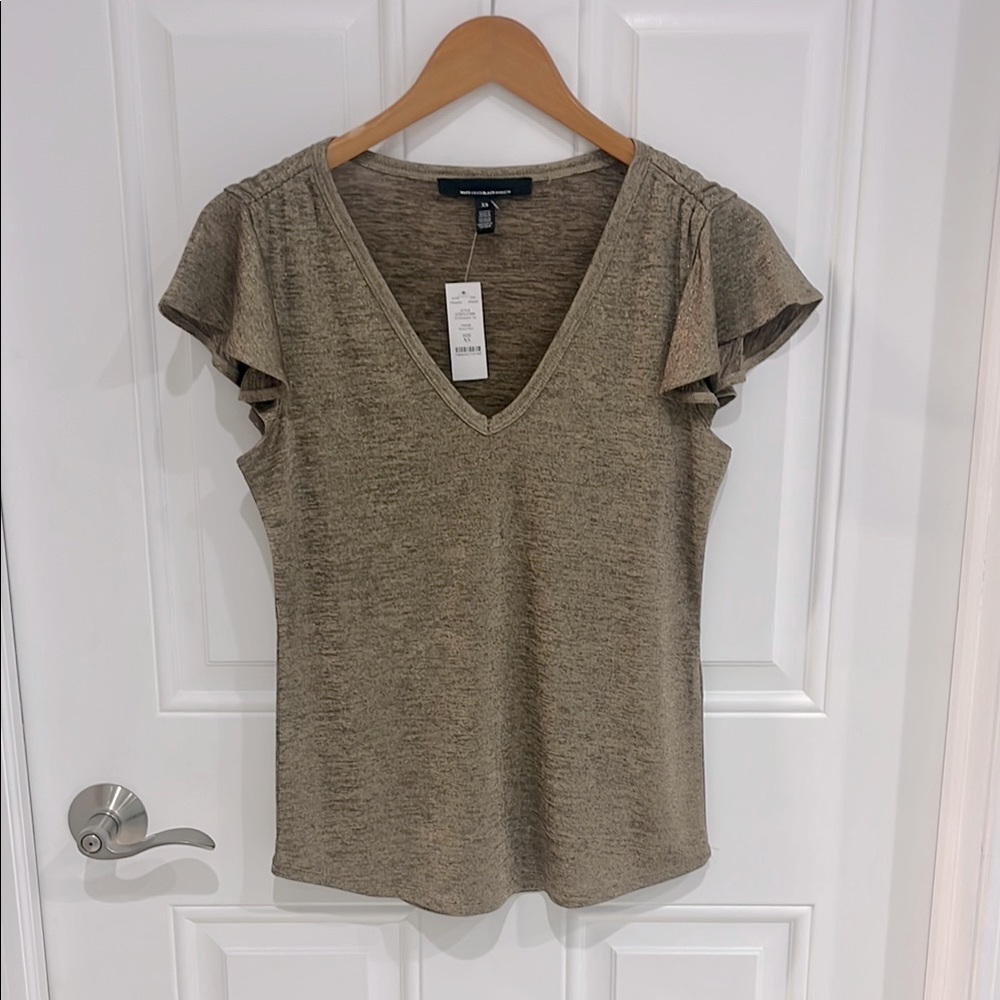 White House Black Market Women's V-Neck Ruffle Sleeve Top - Tan, size XS